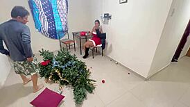 Busty stepdaughter unwraps perverted stepdad with new year titjob blowjob