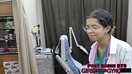 A stimulating exam has nurse Daisy Bean in latex gloves spreading shaved pussy wide with vibrator for gaping orgasm