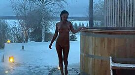 Monika Fox teases winter blowjob then fingers herself amid snowy woods