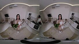 hey this good-hearted girl in dark vr shows shaved pussy and big tits up close