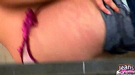 Skinny Teen Babe Struggles Fitting Round Ass Into Tight Skinny Jeans And Panties