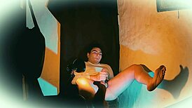 Sexy muscular bodybuilder strokes 18cm big cock in shiny white outfit camera angle 2