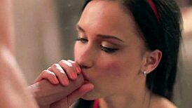 Lovely brunette teases cock with lively sucking before facial swallow surprise