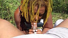 Damn Poizon Ivy, slobber all over Don Whoe's monster black cock with your deepthroat skills in the backyard garden