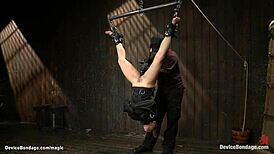 bound slave endures pile driver anal dildo machine deepthroat choking