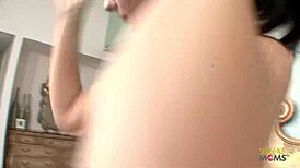 the asian hunk buries his face in brunette big-boobed milf's wet shaved pussy