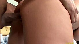 the asian hunk buries his face in brunette big-boobed milf's wet shaved pussy