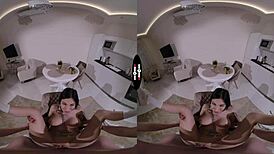 hey this good-hearted girl in dark vr shows shaved pussy and big tits up close