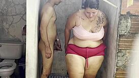 oh god, my stepmom's fuckin her lover in shower... huge cock bareback!