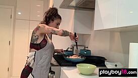 Joanna Angel dildos pussy while cooking kitchen