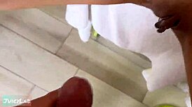 caught jerking off as milf showers then licks her meaty wet pussy