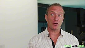 whoa, this busty blonde river lynn gives clarke kent the sloppiest wet nuru massage handjob ever 💦👅