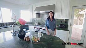 Busty Brooke Beretta stepmom fucks young dude hard in kitchen 😍 loves riding big cock