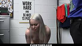 What happens when a hot blonde teen thief gets busted by two cops? They bend her over and punish her tight pussy in the garage