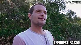 three teen pals make their buddy flash his dick then ride him one by one out camping in the woods