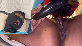 Ebony Masked Babe Dripping Squirt Orgasm On Huge Dildo