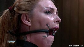 shackled gagged bdsm slut deepthroat vibrator red stockings bound rough tied whipping