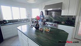 Busty Brooke Beretta stepmom fucks young dude hard in kitchen 😍 loves riding big cock
