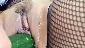 colombian curvy blonde milf rabitquicky squirts on cucumber in wet pussy closeup