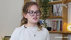 ersties luna pleasures shaved pussy with dildo vibrator closeup