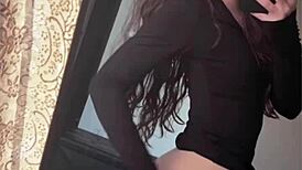 Petite brunette fingers tight shaved pussy in yoga mirror