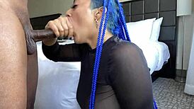 Blue hair throatgoat gags deep on monster cock before sloppy facial explosion