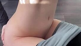 Petite brunette fingers tight shaved pussy in yoga mirror