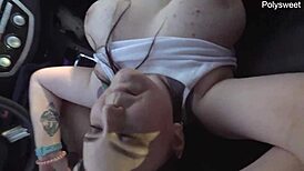 oh man, fingering wet pussy in car with huge tits legs out public 🚗💦