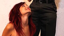 cuffed redhead squirms as brunette lesbian licks her pussy and anal deeply
