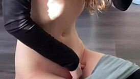 Petite brunette fingers tight shaved pussy in yoga mirror