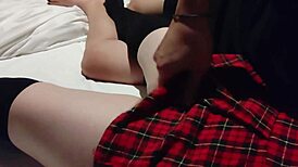 Red miniskirt amateur maid sucks cock hungrily in homemade fetish clip