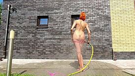 pink bikini gets soaked in the hose outside garden shower wet pussy play
