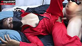 thai student slut in red uniform sucks cock, licks pussy, screams for creampie inside