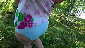 big ass milf shoves dildo in hairy pussy under panties in forest pov