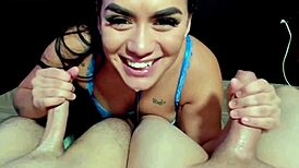 latina stunner delivers sloppy double blowjobs teasing