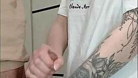 Stepmom's friend grips and strokes cock at house party