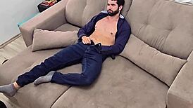 Bodybuilder comes home jerking monster cock