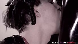 Ebony shemale in latex gives hardcore blowjob on monster cock