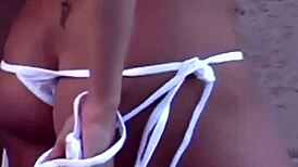 Petite brunette teen mandy teases with bikini striptease undress for camera