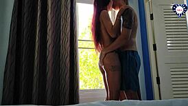 my cute european roommate teases with sweet wet blowjob by dorm window sunset