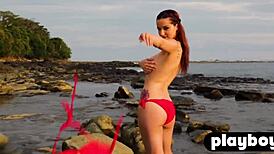 hey redhead milf elizabeth marxs strips bikini naked showing big tits ass