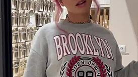 Busty Pierced Babe Flashes Big Nipples Everywhere In Home Store