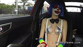 clown teen hitchhiker sucks bangs outdoors to massive group cumshot