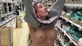 Busty Pierced Babe Flashes Big Nipples Everywhere In Home Store