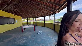 Transvestite fucks hot beach girl from Santos in abandoned kiosk doggystyle creampie