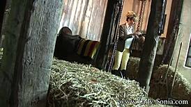 peeping tom spies on busty lady sonia fingering at stables