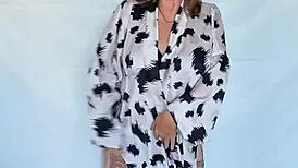 Mature busty milf in stockings teases endless pussy play in heels