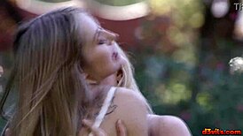 Scarlett Sage gropes and eats River Fox's shaved pussy outdoors then facesits her hard