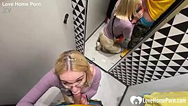 gf on knees in changing booth slurps cock till cumshot fills her tattooed mouth with lipstick mess