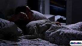 Milf bites teen nipples then licks her pussy deep.